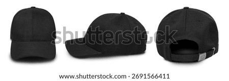 Black Baseball Cap Mockup – Front, Side, and Back View of Plain Cotton Hat Isolated on White Background