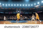 Black Basketball Player Running to Score an Impressive Two-Point Goal with a Slam Dunk in Front of Cheering Audience of Fans. Cinematic Sports TV Channel Shot with Back View Action.
