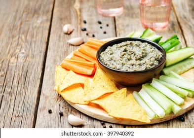 Black Bean Dip With Vegetables And Corn Chips. Toning. Selective Focus