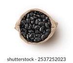 Black bean in sack bag isolated on white background. Top view. Flat lay.