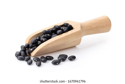 Black Beans In Wood Scoop On White Background Full Depth Of Field