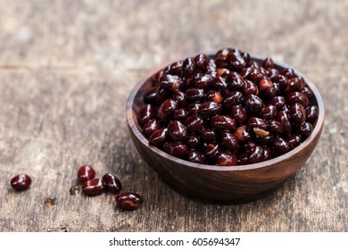 Black Beans In Wooden Bowl. Copy Space