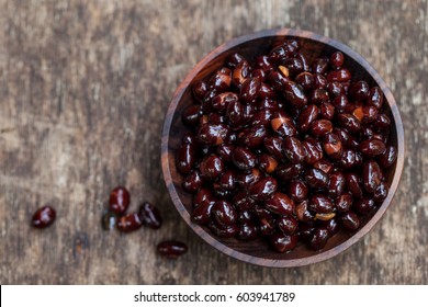 Black Beans In Wooden Bowl. Top View. Copy Space