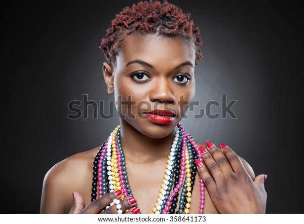 Black Beauty Short Spiky Red Hair People Beauty Fashion Stock Image