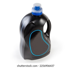 Black big plastic bottle of laundry detergent in form of gel with a lid as the measuring cup on a white background - Shutterstock ID 2256906437