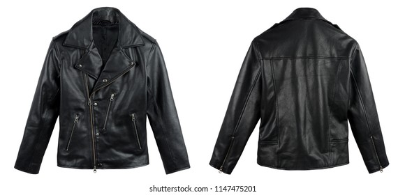 Black Biker Leather Jacket, Front And Back Side