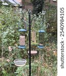 A black bird feeder stand with various feeders and a water dish stands in a lush garden. Surrounded by greenery, it offers food options to attract birds, creating a serene wildlife haven.