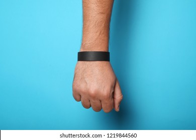 Black Blank Bracelet On Hand. Music Festival Branding Wristband, Adhesive Paper Accessory For Concert, Event. Mockup.
