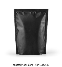 Black Blank Paper Pouch Coffee Bag Isolated On White Background. Packaging Template Mockup Collection. With Clipping Path Included.