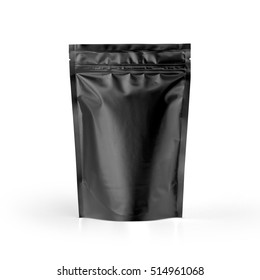 Black blank plastic vacuum sealed pouch coffee bag isolated on white background. Packaging template mockup collection. With clipping Path included.