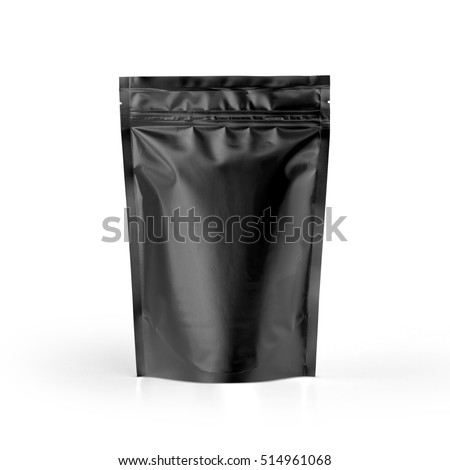 Black blank plastic vacuum sealed pouch coffee bag isolated on white background. Packaging template mockup collection. With clipping Path included.
