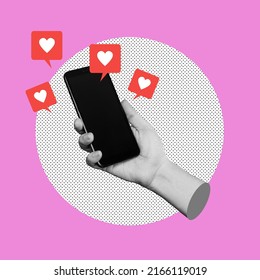 Black blank screen of mobile phone with like symbols from social networks in female hand isolated on purple color background. 3d trendy collage in magazine urban style. Contemporary art. Modern design - Shutterstock ID 2166119019