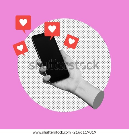 Black blank screen of mobile phone with like symbols from social networks in female hand isolated on purple color background. 3d trendy collage in magazine urban style. Contemporary art. Modern design