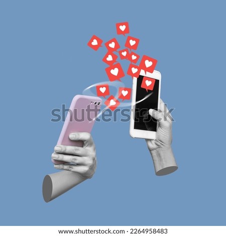 Black blank screen of mobile phone gets like symbols from social networks in female hand isolated on purple color background. 3d trendy collage in magazine urban style. Contemporary art. Modern design