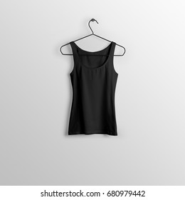 Black Blank Tank Top, Sleeveless T-shirt Mockup On Hanger, Hanging Against Empty Wall Background.