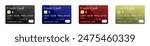 Black, Blue, Burgundy and Gold Credit Card Mockup Set Isolated on a White Background.