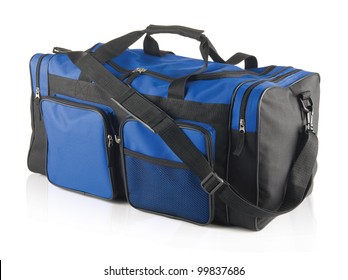 Black And Blue Duffel Bag On White Reflective Background