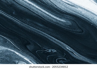 Black And Blue Liquid Marble Background Abstract Flowing Texture Experimental Art, Texture Banner With Space For Text