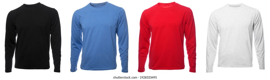 Black blue red and grey heathered plain long sleeved cotton shirt templates on hollow invisible mannequin isolated on a white background