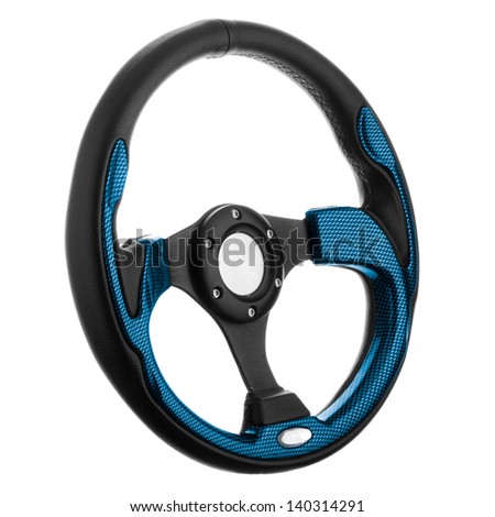 Black and blue steering wheel isolated on withe background.