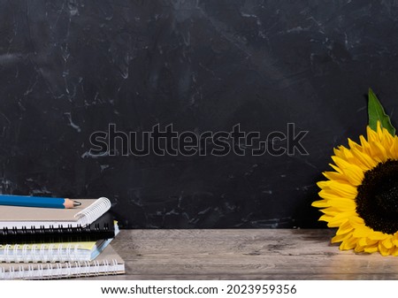 Black board background with stack of colourful notebooks with spiral edge, pencil and yellow sunflower, school or educational theme