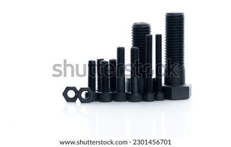 Black bolts and nuts isolated on white background. Industrial fasteners. Hardware tools. Stud bolt, hex nuts, and hex head bolts. Threaded fastener use in automotive engineering. Metal fasteners.