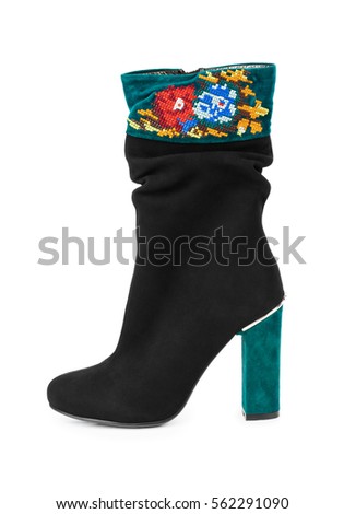 Black boot with floral pattern isolated on white background