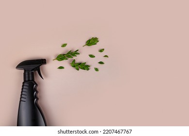 Black Bottle Mockup For Cleaning. Eco Spray Bottle For Safe Cleaning With Green Leaves On Pastel Brown Background. Copy Space, Flat Lay.