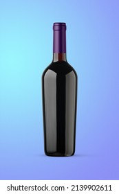 A Black Bottle Of Red Wine Isolated On A Blue Background For Mockup Presentation Projects.