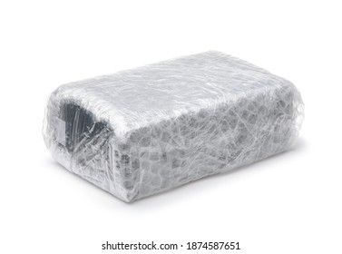 Black Box Wrapped In Plastic Bubble Wrap Isolated On White