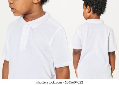Black boy in white collar t shirt front and back