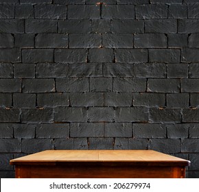 Black Brick Wall And Wooden Table,perspective Background