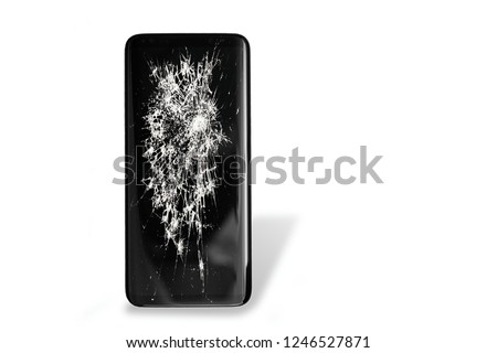 Black broken touch screen phone isolated on a white background with shadow