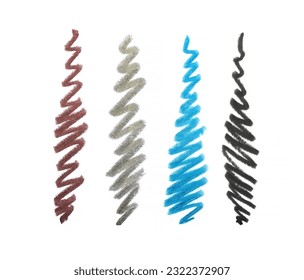 Black Brown Blue Green Gold Eyeliner pencil texture stroke isolated on white background. Cosmetic product swatch