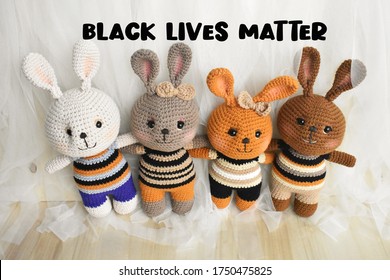 Black Brown And Grey Cute Rabbit With Black Lives Matter Sign Against Racism. Equality. Lovely Black Skin, Brown Skin Bunny Handmade Crochet Soft Toys For Kids With White Woolen Home Decoration