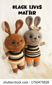 Black Brown And Grey Cute Rabbit With Black Lives Matter Sign Against Racism. Equality. Lovely Black Skin, Brown Skin Bunny Handmade Crochet Soft Toys For Kids With White Woolen Home Decoration