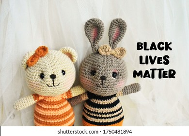 Black Brown And Grey Cute Rabbit With Black Lives Matter Sign Against Racism. Equality. Lovely Black Skin, Brown Skin Bunny Handmade Crochet Soft Toys For Kids With White Woolen Home Decoration