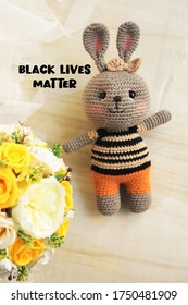 Black Brown And Grey Cute Rabbit With Black Lives Matter Sign Against Racism. Equality. Lovely Black Skin, Brown Skin Bunny Handmade Crochet Soft Toys For Kids With White Woolen Home Decoration