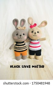 Black Brown And Grey Cute Rabbit With Black Lives Matter Sign Against Racism. Equality. Lovely Black Skin, Brown Skin Bunny Handmade Crochet Soft Toys For Kids With White Woolen Home Decoration