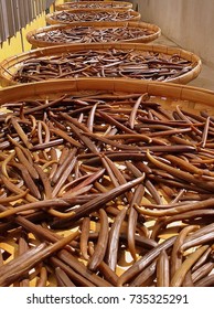 Black and Brown Vanilla dry fruit in the curing ferments process for grading vanilla flavor.