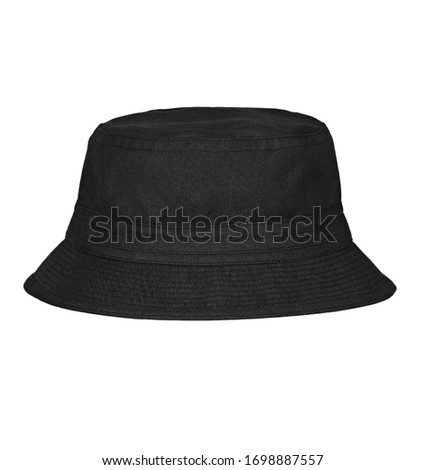 Black bucket hat on white background.