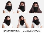 Black buff mockup on beautiful girl isolated on background. Fashionable face scarf template for presentation design, print, pattern. Stylish headband, for sports, lifestyle, tourism accessory. Set