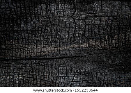 Black burned wooden board texture. Burnt wooden Board. Burned scratched hardwood surface. Halloween backdrop. Smoking wood plank halloween background.