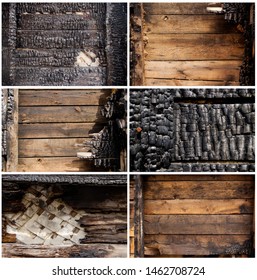 Black Burnt Wall Of House Of Wooden Planks With Embossed Texture. Damage To The Building From Fire Without The Possibility Of Restoration. Property Insurance.