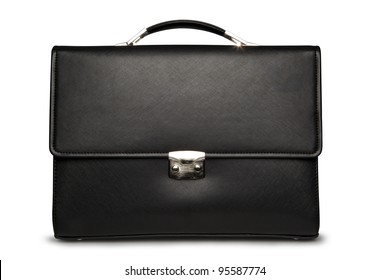 Black business briefcase (front view) with shadow on white background and clipping path