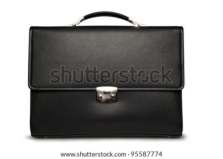 Black business briefcase (front view) with shadow on white background and clipping path