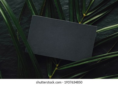 Black Business Card Flatlay On Dark Stone Background And Green Exotic Leaf, Luxury Branding Flat Lay And Brand Identity Design For Mockups