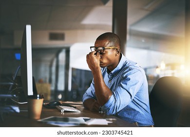 Black business man, stress and fatigue in night, office and headache by computer for project deadline. African businessman, burnout or anxiety in workplace by pc, web design startup and mental health - Shutterstock ID 2303745421
