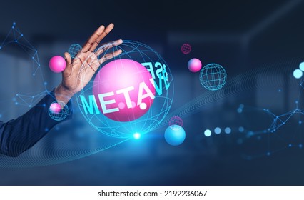 Black businessman hand touching glowing sphere hologram with metaverse concept. Abstract connection lines and global network in virtual world
