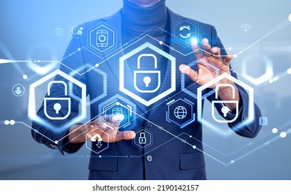 Black Businessman Hands Touch Security Lock Virtual Screen, Hologram With Digital Icons. Worldwide Cybersecurity And Information Protection. Concept Of Data Privacy